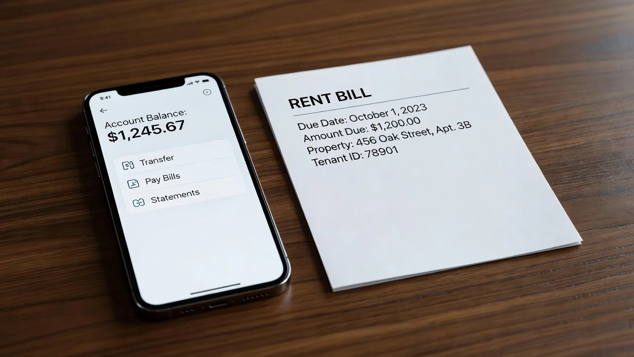 Móvil con app de banco y un recibo de alquiler sobre la mesa, vida independiente