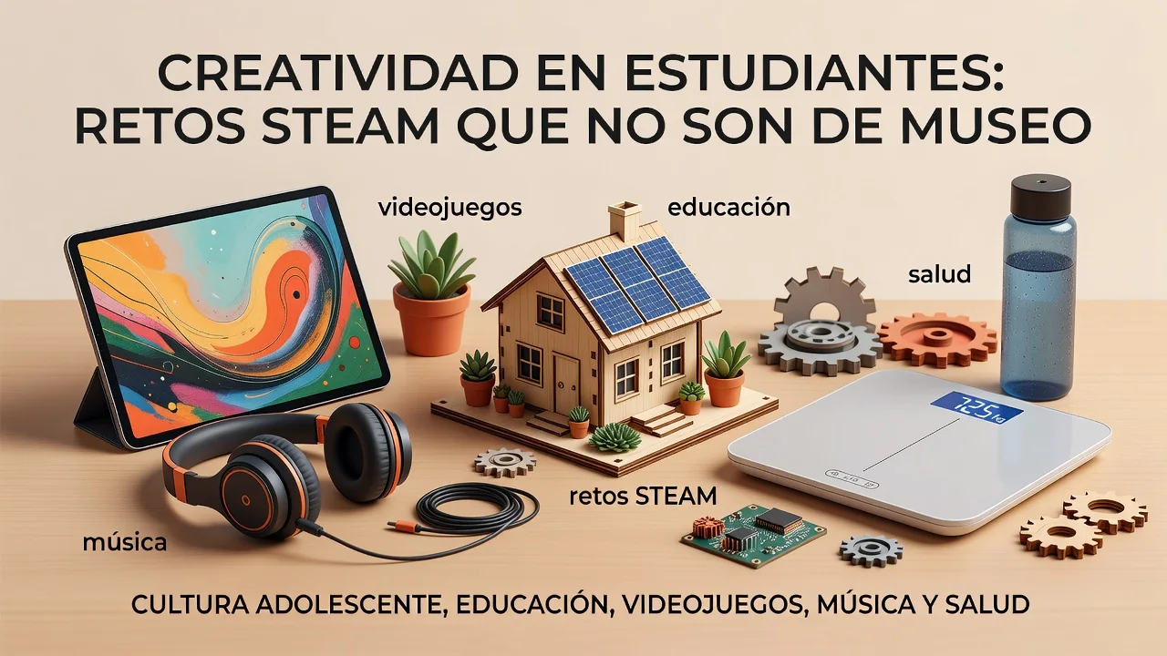 Estudiantes de ESO y Bachillerato trabajando en equipo en un reto STEAM con prototipos de cartón, sensores y materiales reciclados