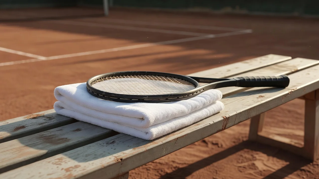 vista panoramica de la pista de tenis vacia tras el partido con banderas de España y luces de ambiente