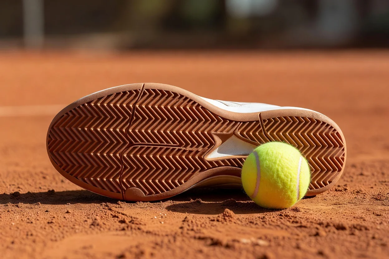 Zapatillas de tenis con suela de espiga junto a una red en pista de arcilla