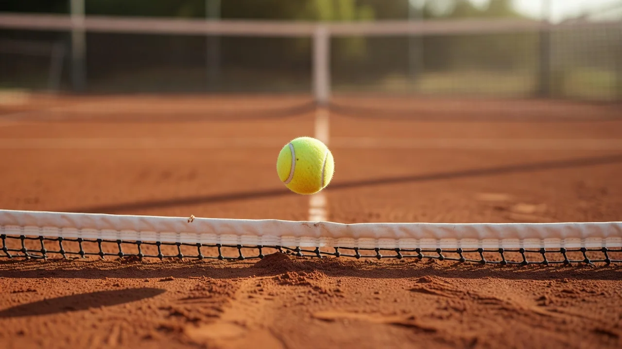 Pelota con efecto liftado volando baja sobre la red en pista de tenis