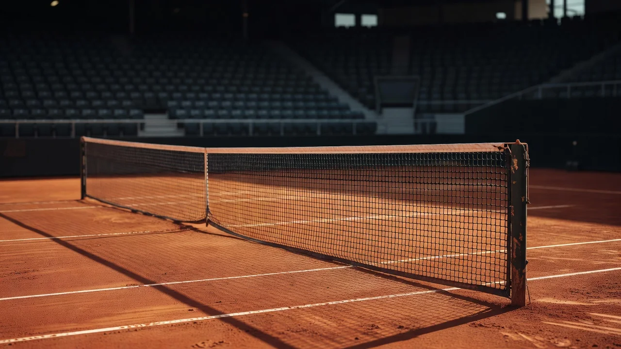 Pista central de tenis con iluminación dramática y gradas preparadas para un lleno total