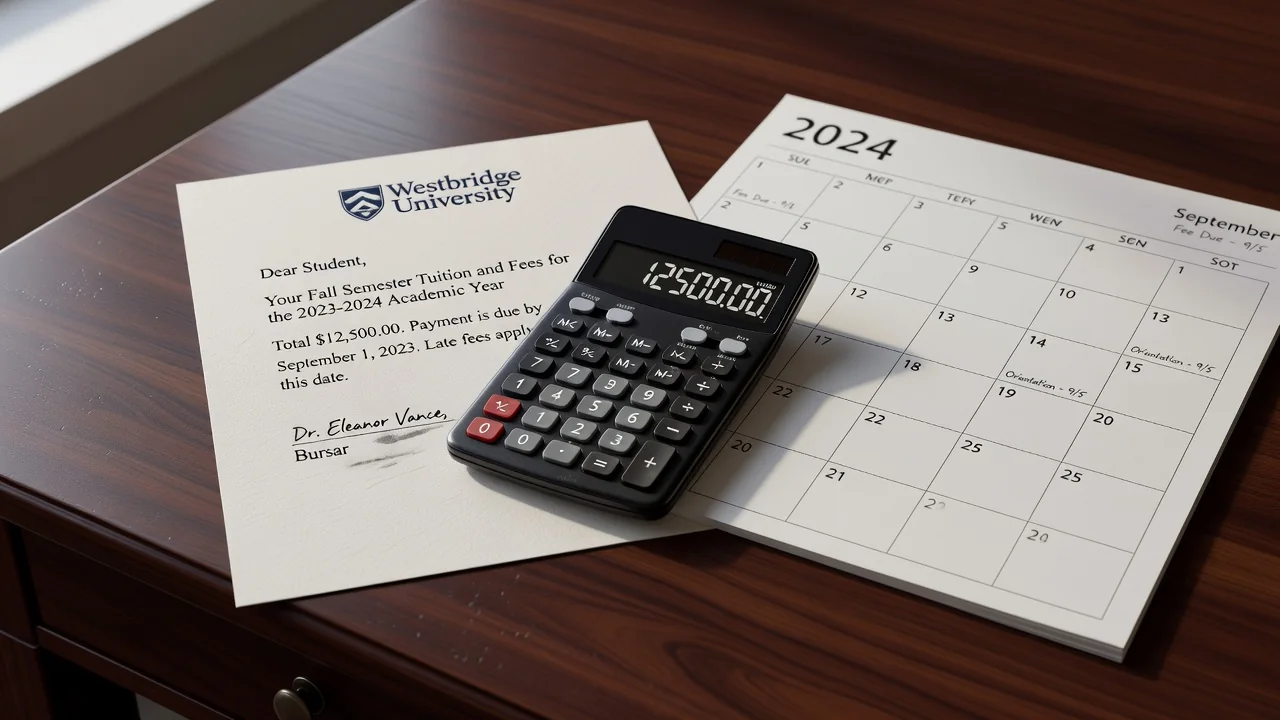 Calculadora, tasas universitarias y un calendario de un año, decisión formativa de adulto