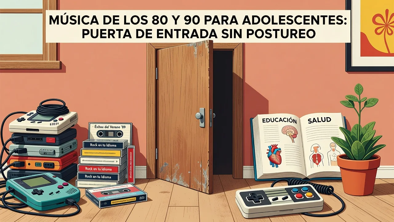 Adolescentes con auriculares escuchando casetes y vinilos de los 80 y 90 en una habitación con posters