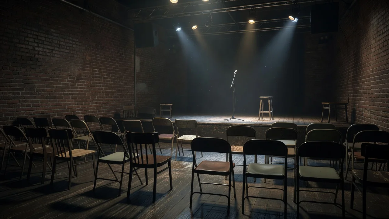 Entrada de concierto y una sala pequeña vacía antes del pase, público adulto