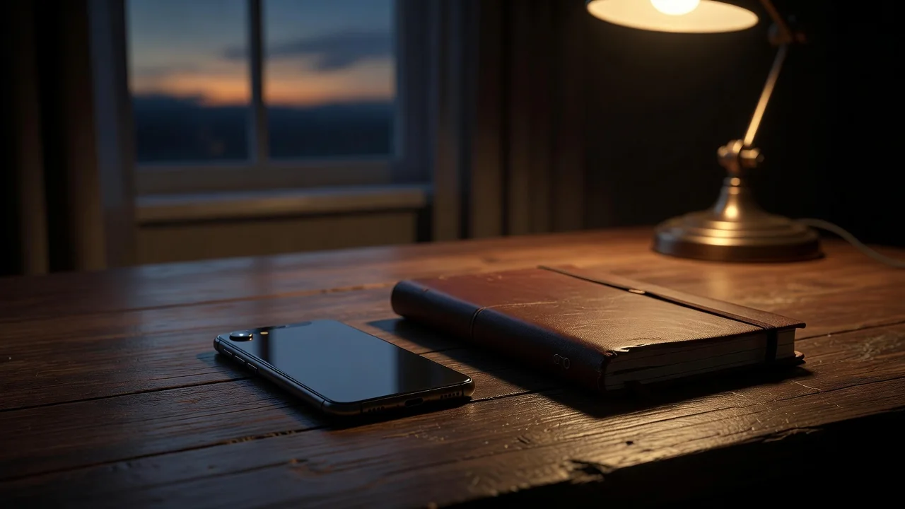 Teléfono boca abajo junto a un cuaderno, lejos de la cama