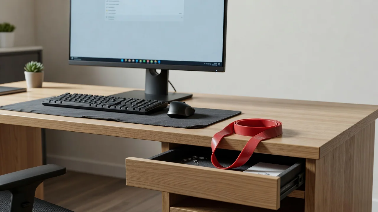 Escritorio de oficina: pantalla a la altura de los ojos, silla y una goma elástica