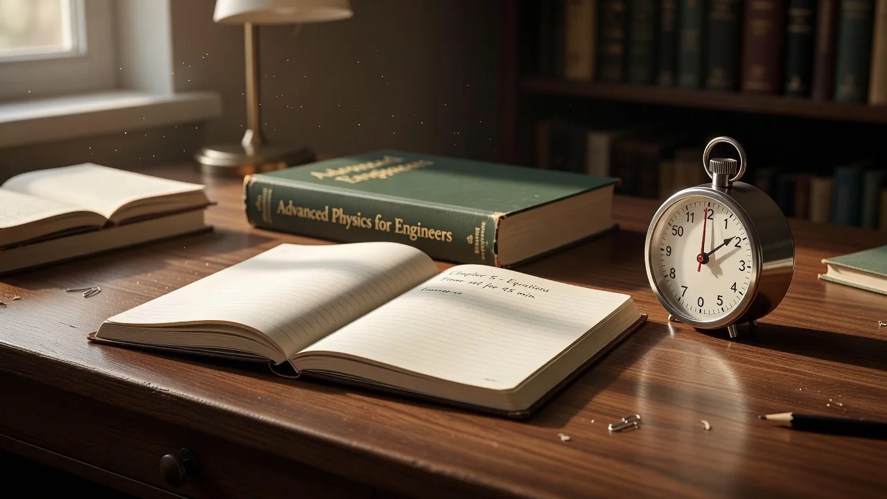 Cuaderno de estudio, temario y un temporizador de 45 minutos sobre un escritorio