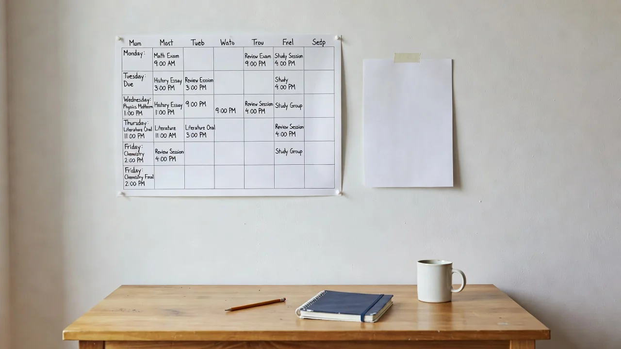 Calendario semanal de exámenes y un folio de recuerdo activo